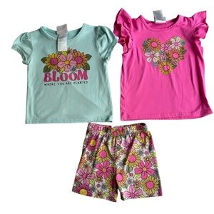 Girls Floral 3 Piece Short Set - Pink and Green